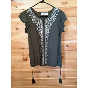 Olive Green Flutter Sleeve Round Neck Embroidered Peasant Top Size Medium